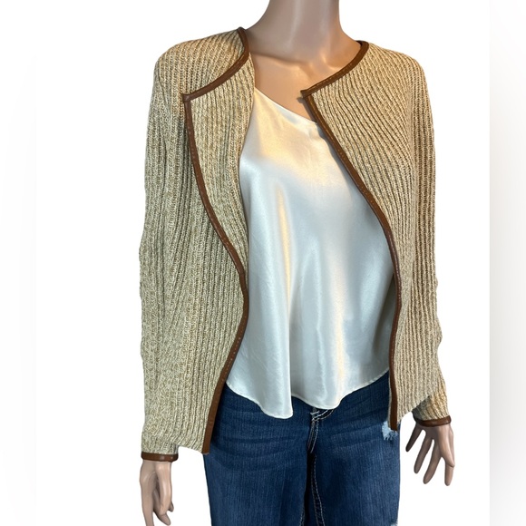 NWOT Lucky Brand Open Faux Leather Edged Sweater, Browns |M - Picture 6 of 15